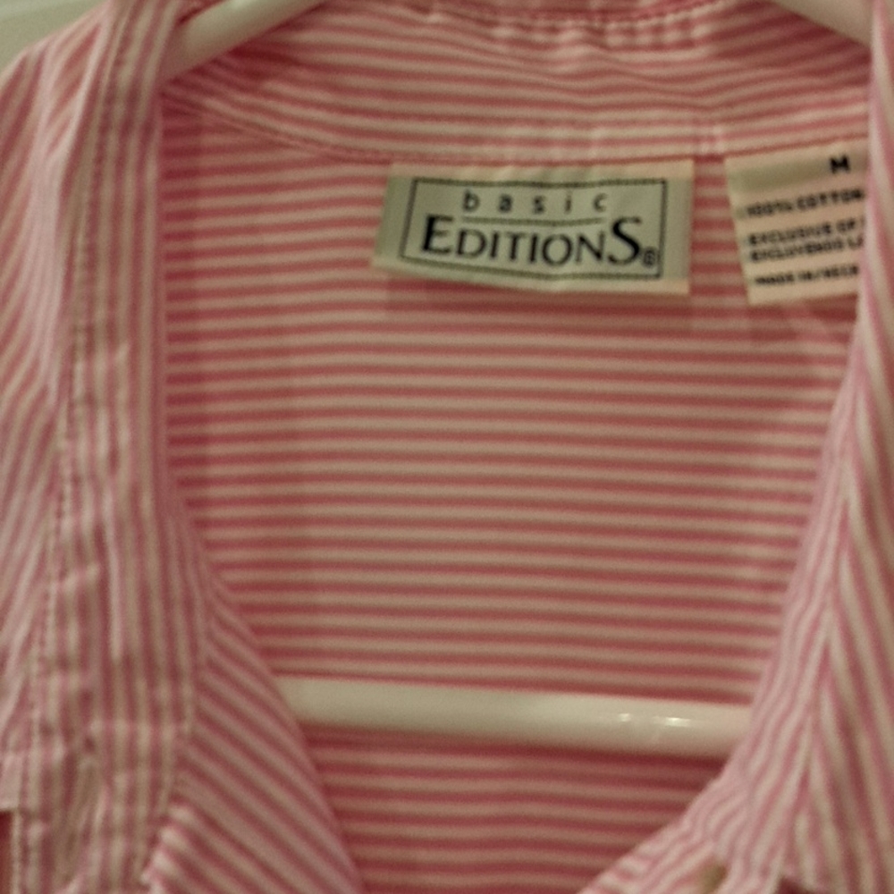 Basic Editions Floral Embroidered Button Down Shirt Pink Striped size M - Picture 7 of 16